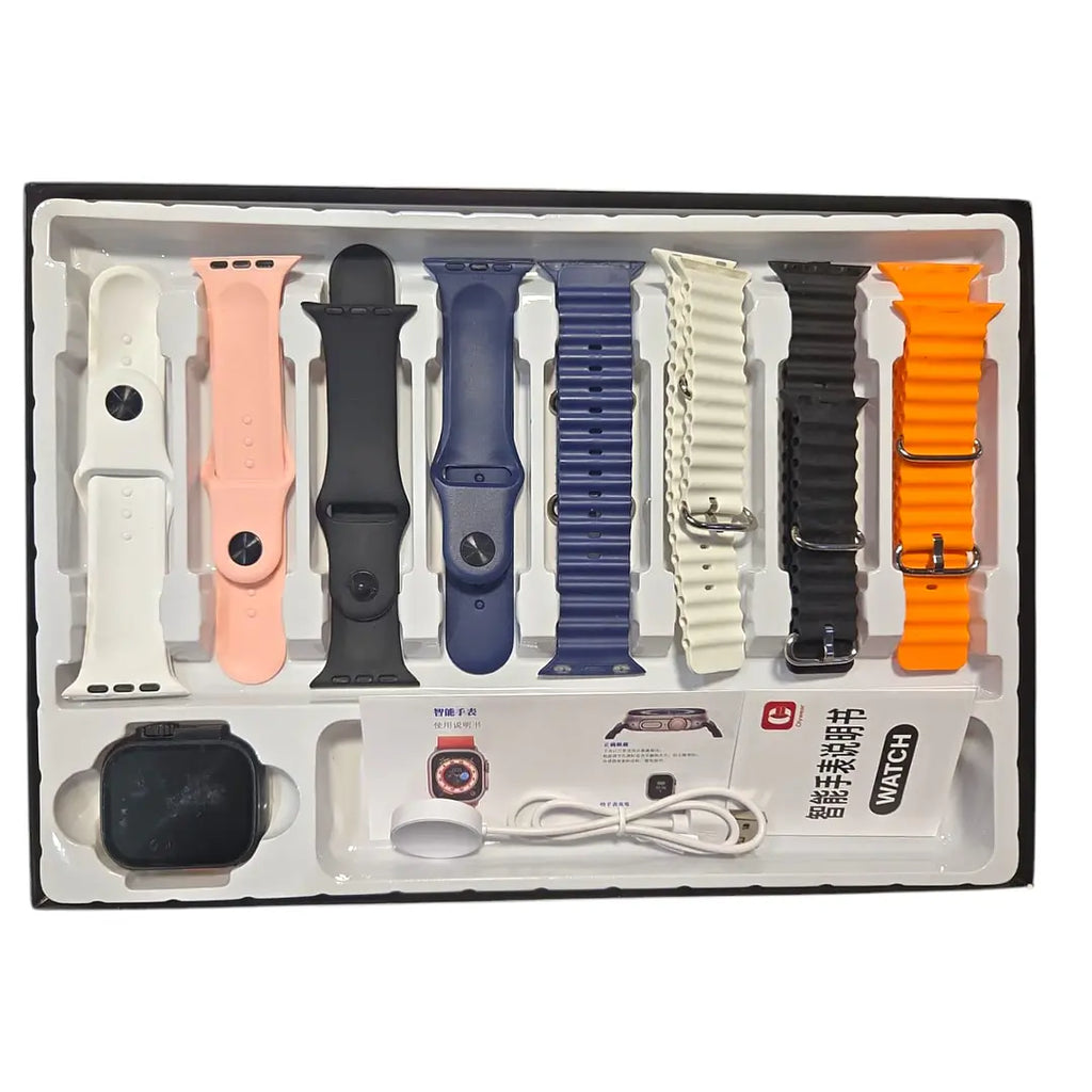 Contenido de la caja del smartwatch ultra 7 en 1 con reloj, cargador y 7 correas de colores