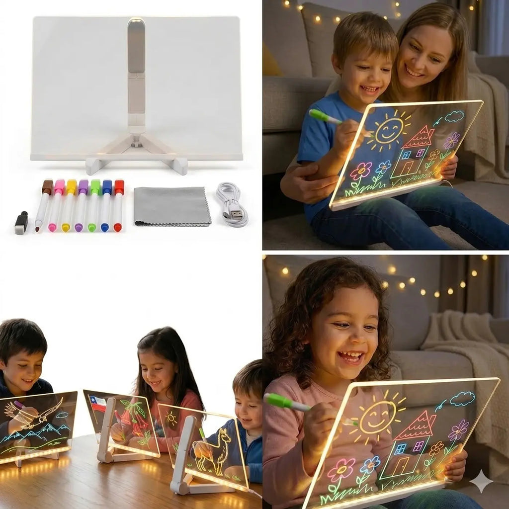 Pizarra Mágica LED con 7 plumones de colores, paño de microfibra y cable USB incluidos