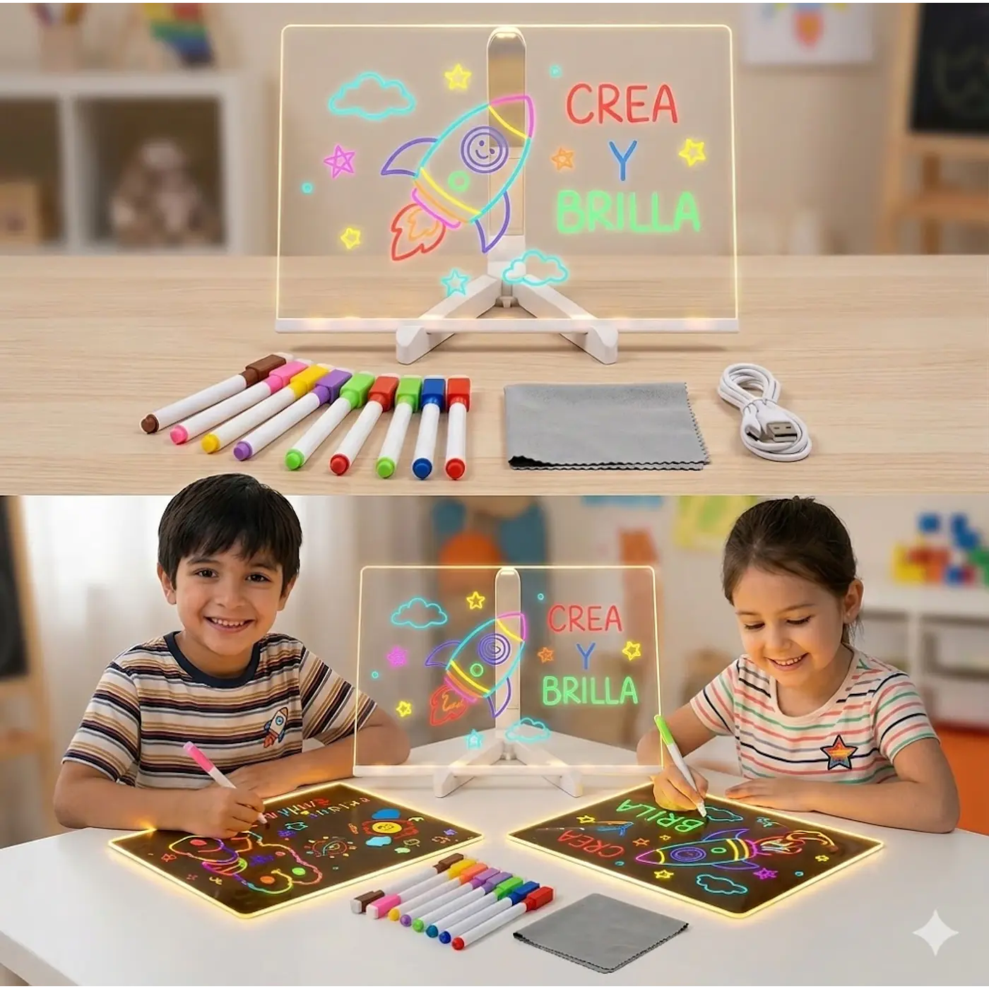 Niños dibujando y creando mensajes iluminados con la Pizarra Mágica LED