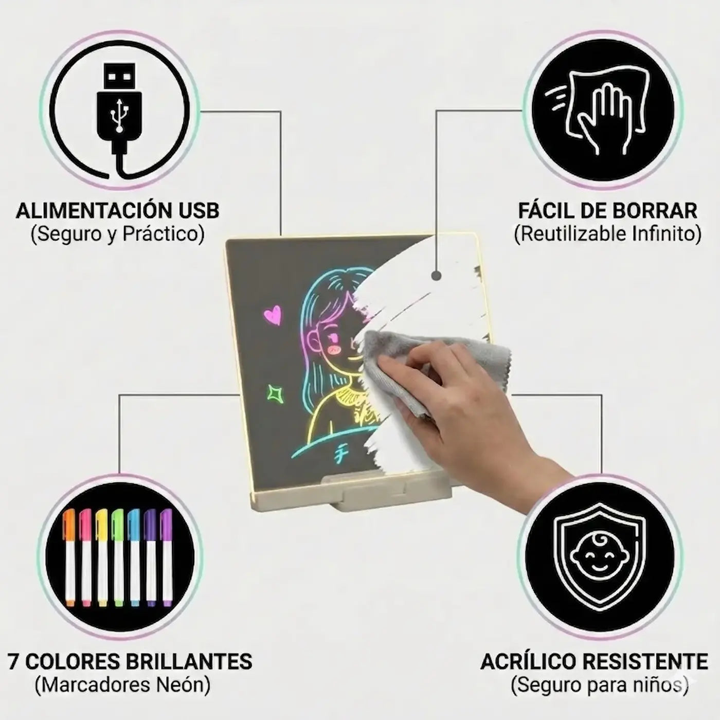 Características de la Pizarra Mágica LED: alimentación USB, fácil de borrar, 7 colores brillantes, acrílico resistente