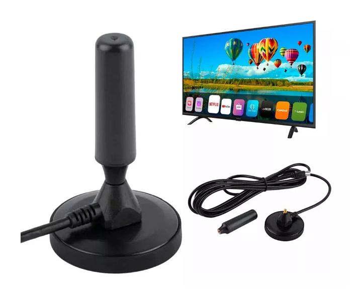 Antena digital HD instalada junto a Smart TV recibiendo canales gratis