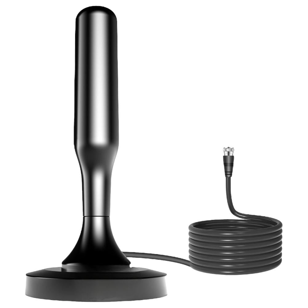Antena digital HD con conector coaxial, diseño compacto color negro