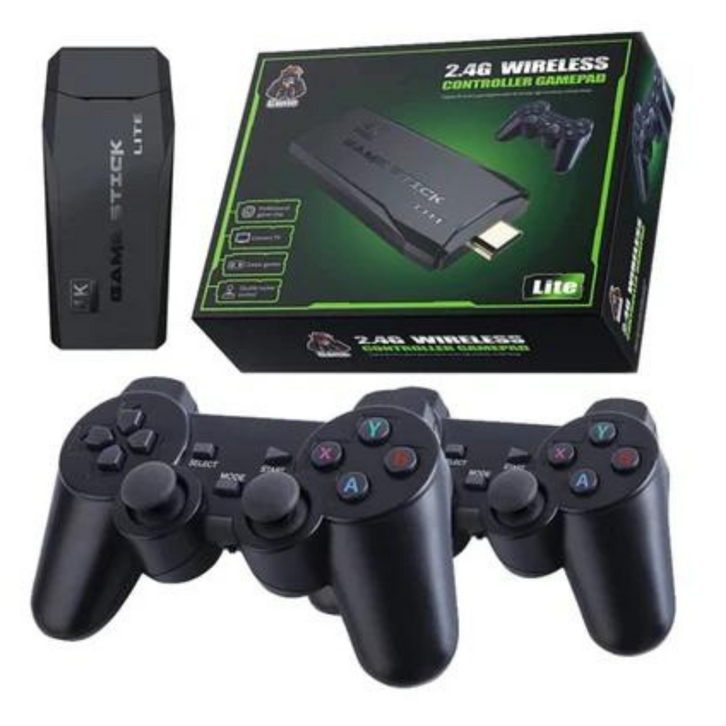 Game Stick Lite y 2 controles inalámbricos, vista de cerca
