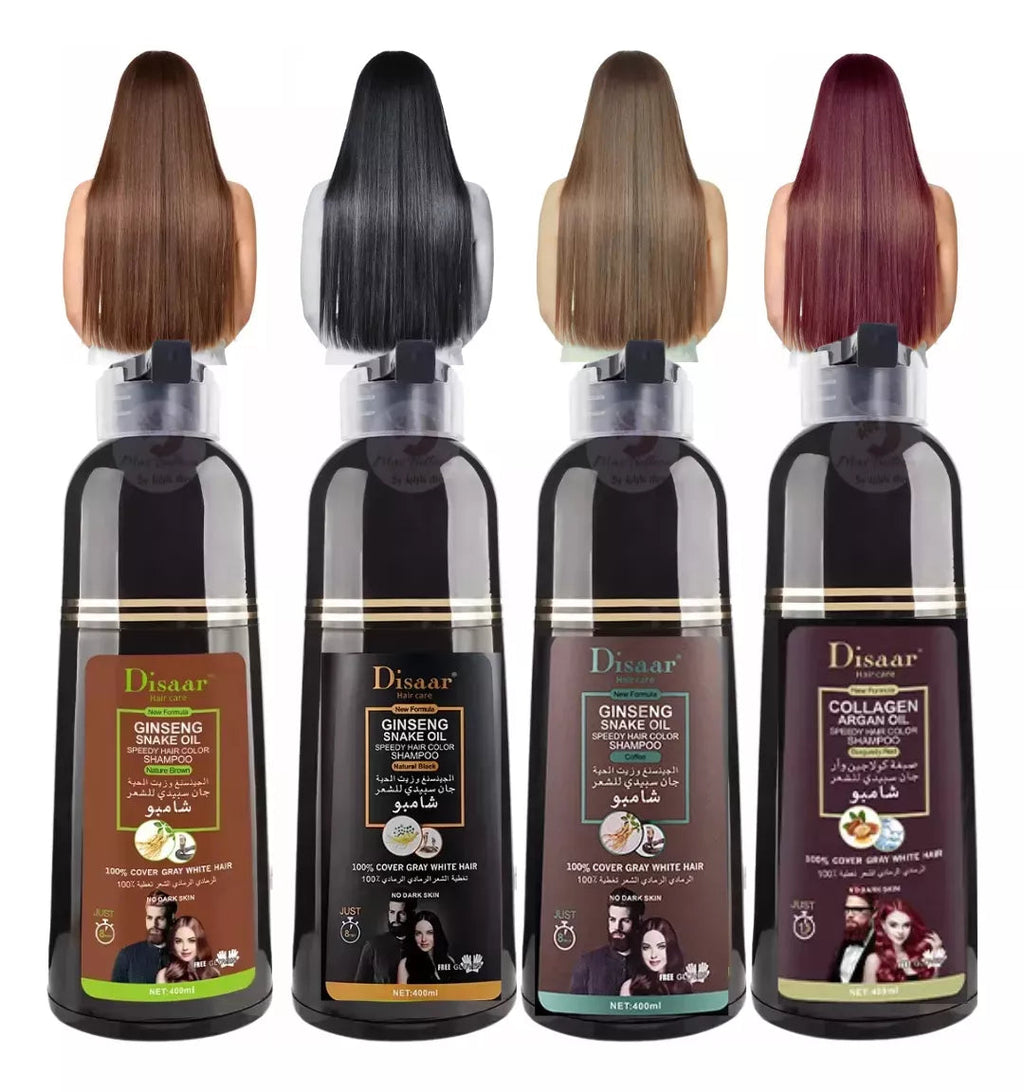 Tonos disponibles del shampoo pinta canas Dissar: castaño, negro, café y burdeo