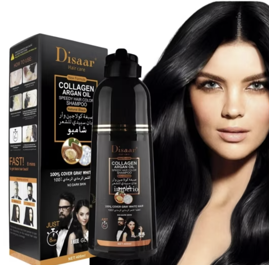 Shampoo Dissar pinta canas Collagen Argan Oil, caja y botella 400ml