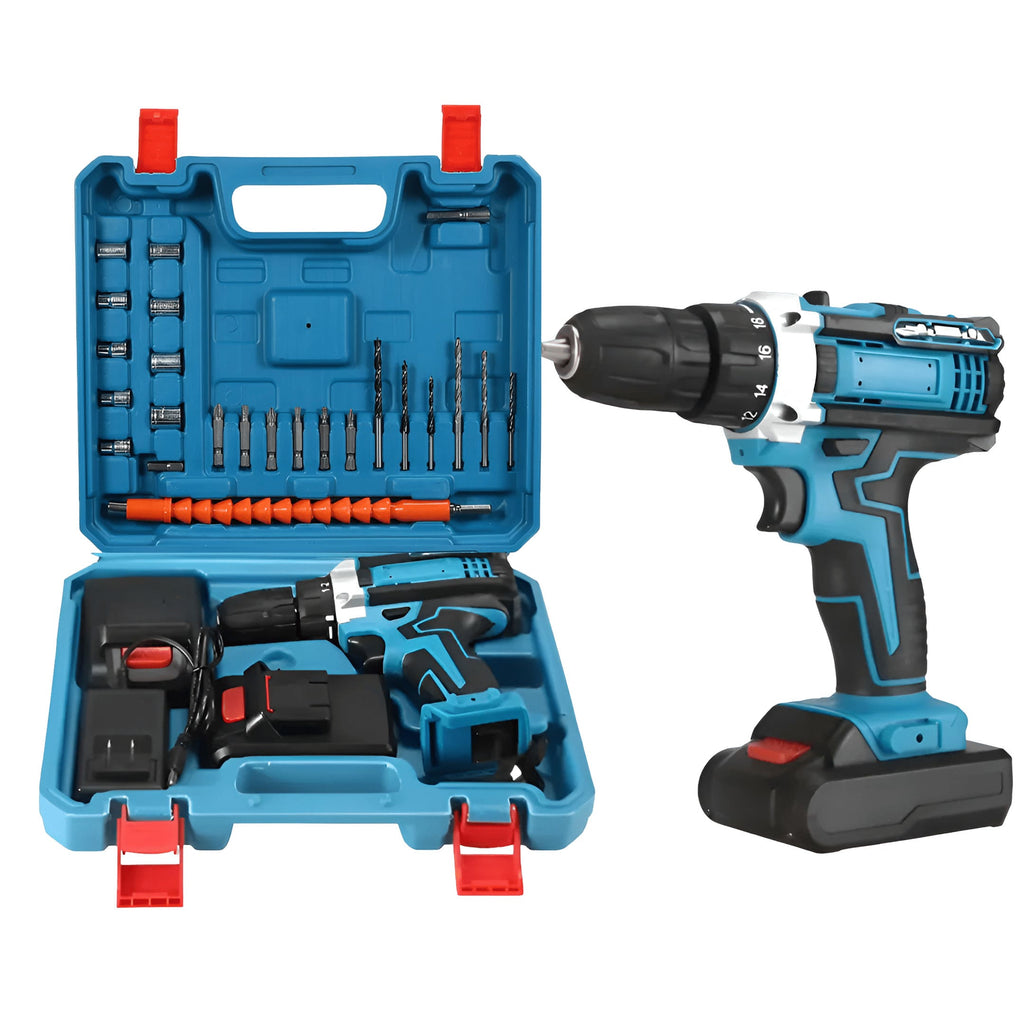 Taladro inalámbrico profesional con maletín y accesorios completos