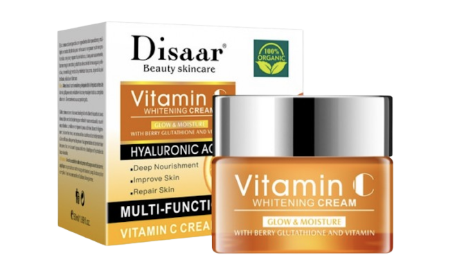 Caja y pote de Crema Facial Vitamina C con Ácido Hialurónico Disaar