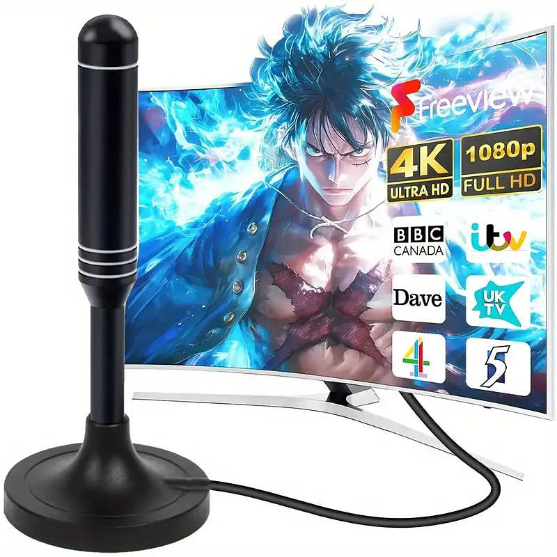 Antena digital HD 4K con base magnética captando señal Full HD en el televisor
