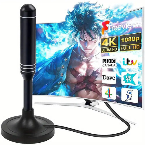 Antena digital HD 4K con base magnética captando señal Full HD en el televisor