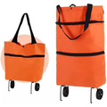 Bolso plegable 2 en 1 con ruedas color naranja, vista de bolso de hombro y versión extendida como carrito