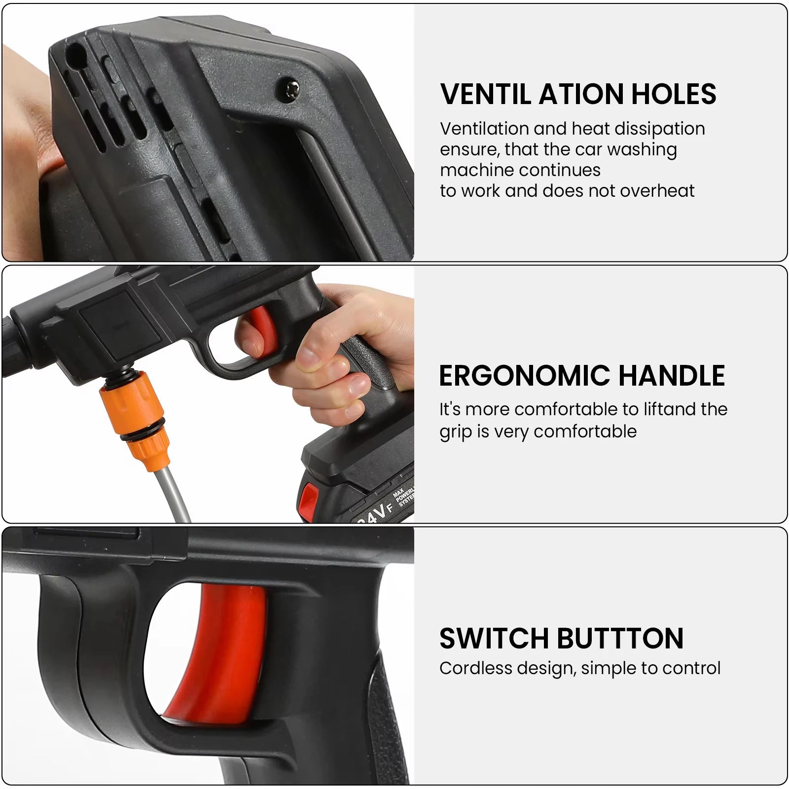 Detalle de ventilación, mango ergonómico y gatillo de la hidrolavadora inalámbrica