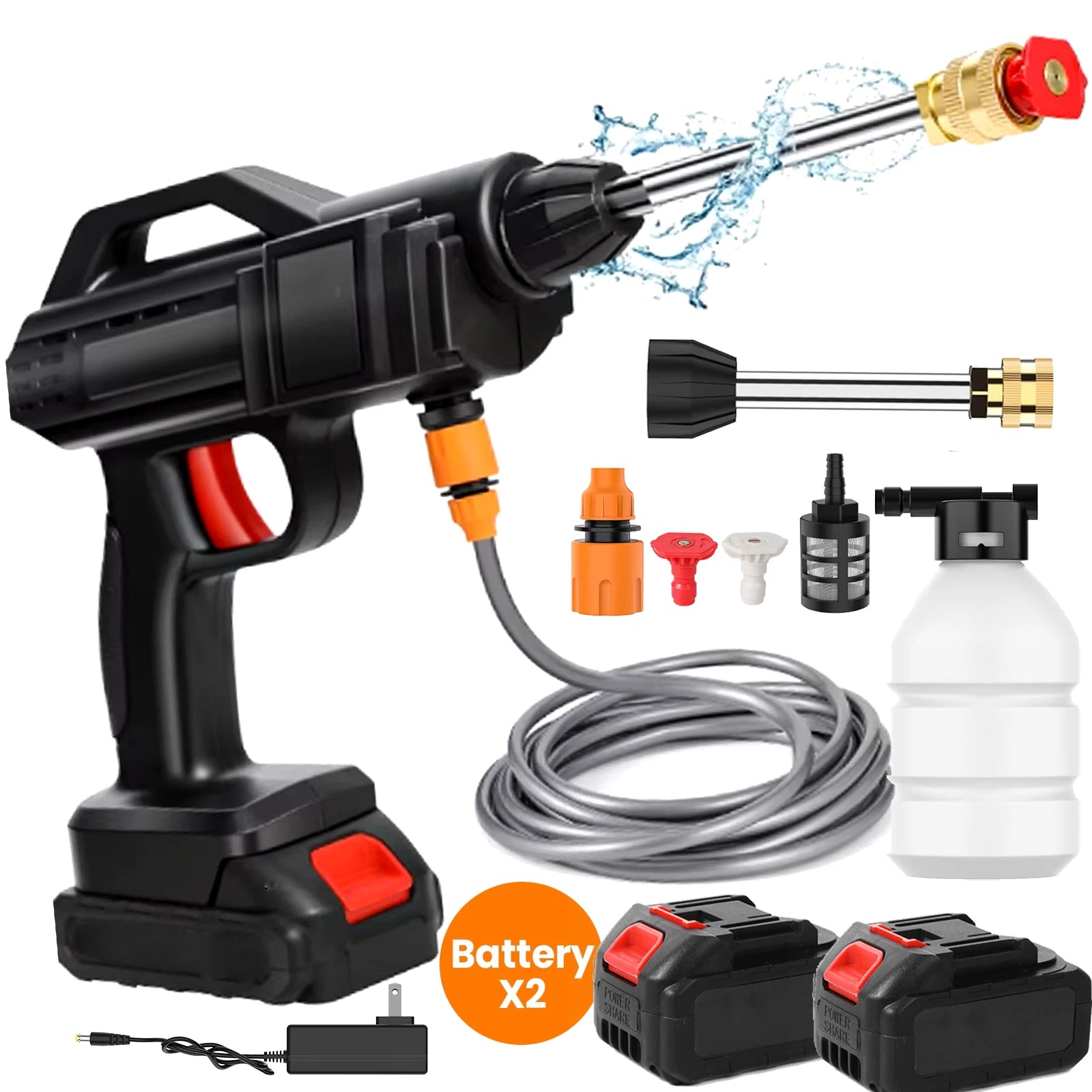 Hidrolavadora inalámbrica con 2 baterías, manguera, pistola y accesorios incluidos