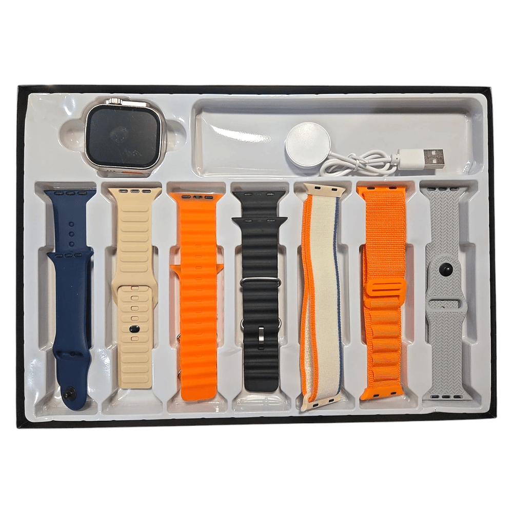 Smartwatch ultra 7 en 1 junto a sus correas intercambiables y cargador magnético