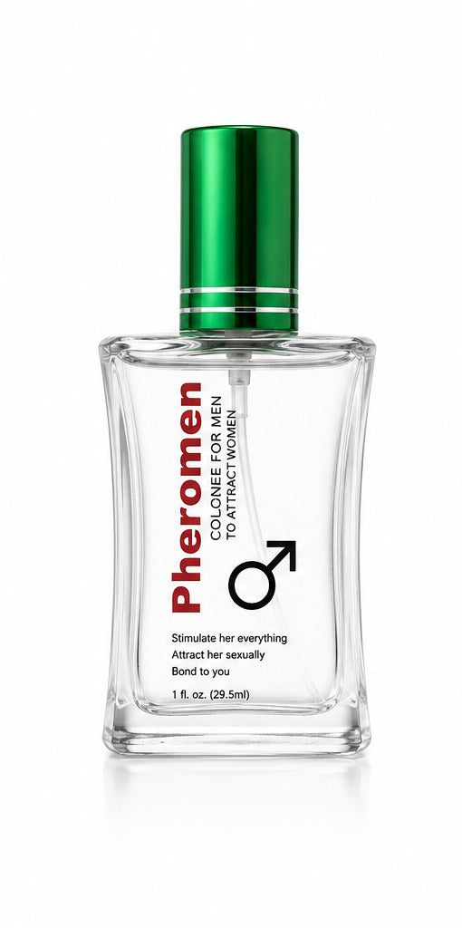 Frasco de Pheromen, perfume masculino, vista frontal mostrando la etiqueta