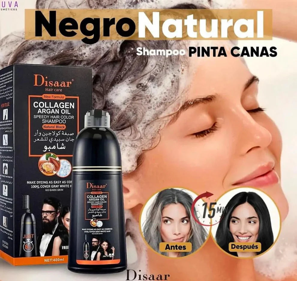 Antes y después usando shampoo pinta canas Dissar, cabello cubierto de canas a negro natural