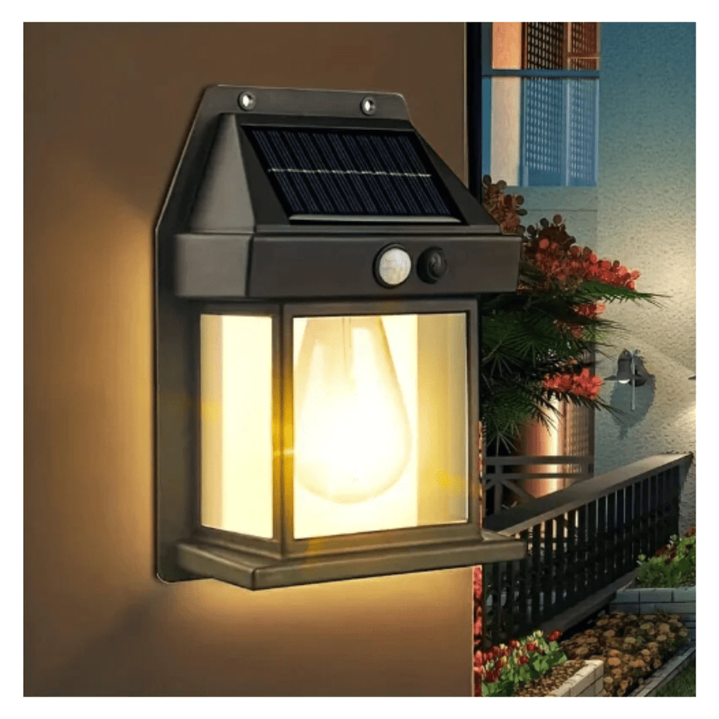 Foco solar de pared con luz cálida instalado en muro exterior